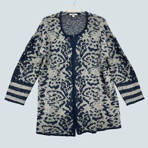 Liz Claiborne Womens Open Front Cardigan Sweater Blue & White Pattern Size 1X